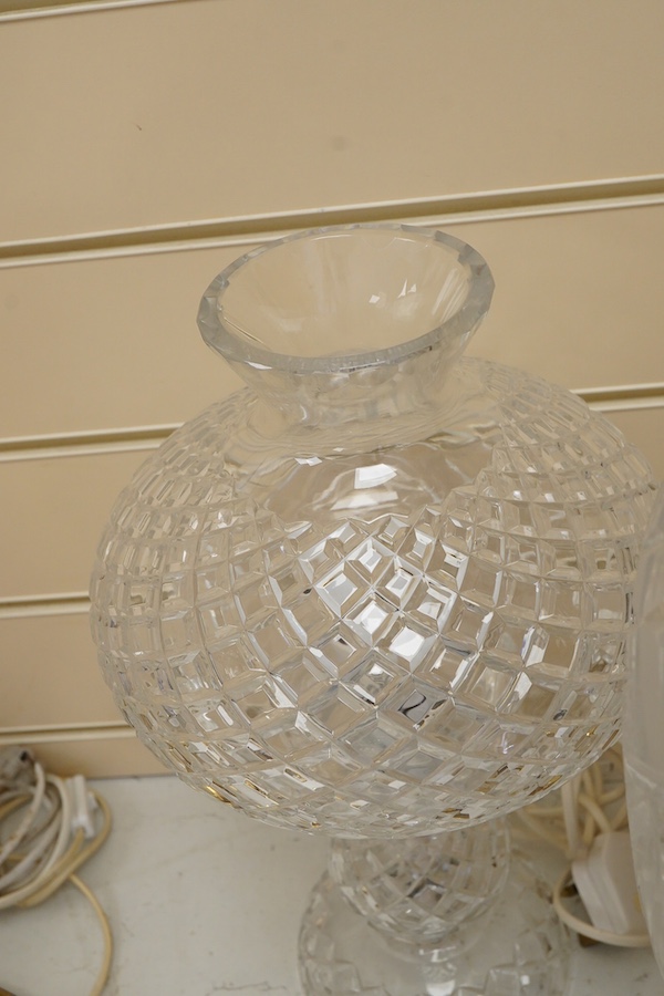A pair of cut glass mushroom style table lamps and shades and two others, largest 48cm high